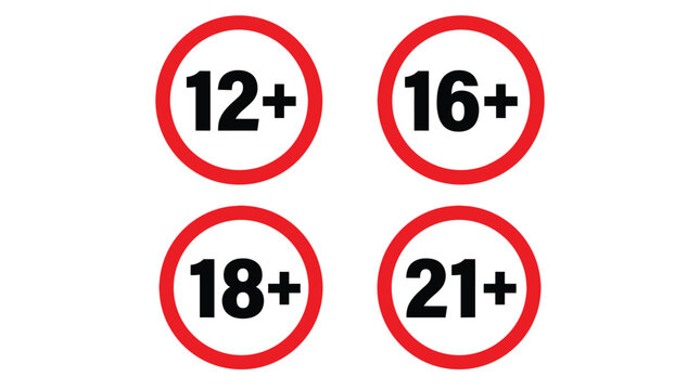Age restriction symbols set featuring bold red circular frames for modern content warning vector graphic design