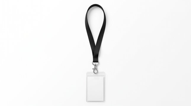 Black lanyard with blank white ID card holder, professional neck strap mockup for corporate events, empty plastic badge protector with metal clip