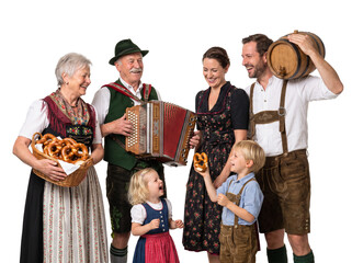 Fototapeta premium Multi generation Bavarian family celebrating Oktoberfest with accordion, pretzels and beer barrel isolated on white background