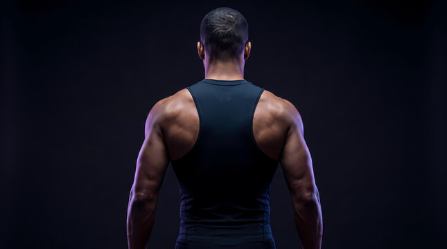 Strong male fitness model in black tank top showing muscular back and shoulders in dark studio