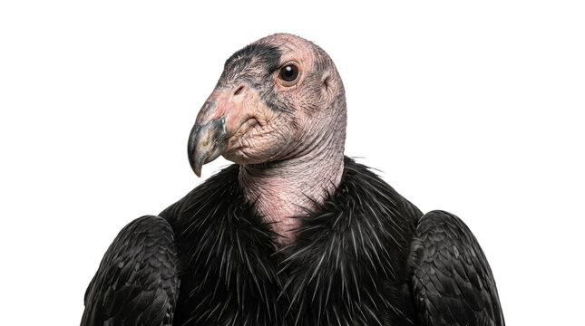 California condor close up portrait showing wrinkled bald head with dark ruffled neck feather collar.