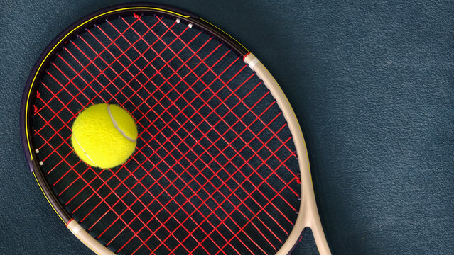 Tennis racket and yellow ball on court surface