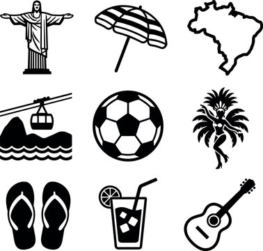 Brazil Travel and Culture Silhouette Icon Set with Christ the Redeemer, Country Map, Soccer Ball, Carnival Dancer, Cable Car, and Caipirinha Drink Illustrations