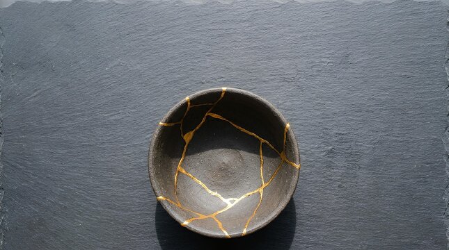 Ceramic kintsugi bowl with golden crack repairs on a dark textured slate background.