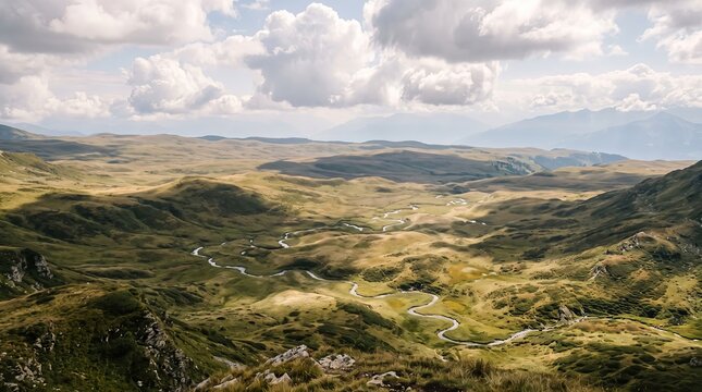 Dramatic landscape with rolling hills and cloudy skies in a patchwork style
