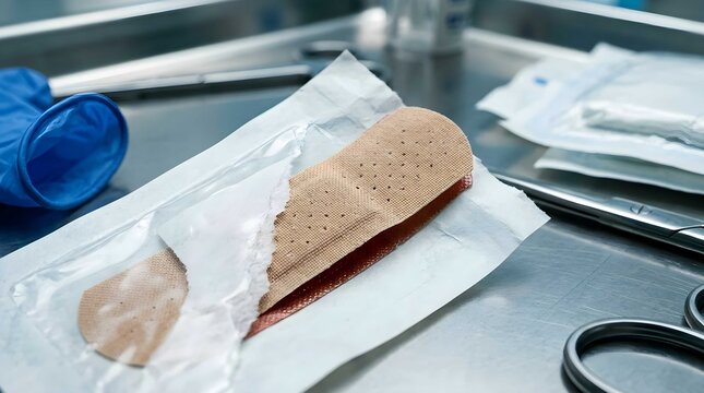 Close up of a sterile medical adhesive bandage being opened on a stainless steel surgical tray with surgical instruments and a blue nitrile glove in a clinical hospital setting for wound care.