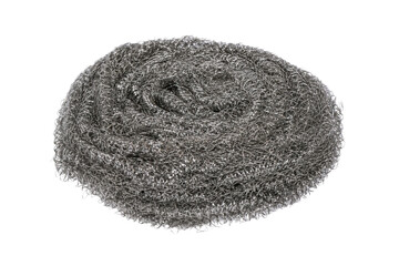 Single round metallic scouring pad, made of tightly woven steel wool, isolated on a clean white background © Chinases
