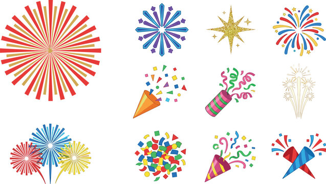 Celebration Firework and Party Popper Icon Set Featuring Colorful Confetti, Sparklers, Birthday Crackers, and Star Burst Vectors for Holiday Event Designs