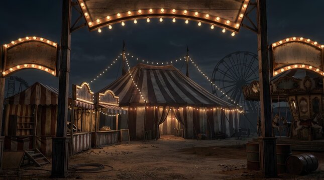 Abandoned vintage circus tents at night with dim string lights and ferris wheel.