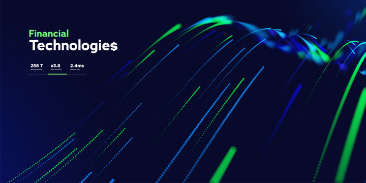 Abstract Financial Technology Background With Dynamic Blue And Green Light Trails For Business Growth, Finance Strategy, Investment Marketing, And Digital Innovation. Vector Illustration.