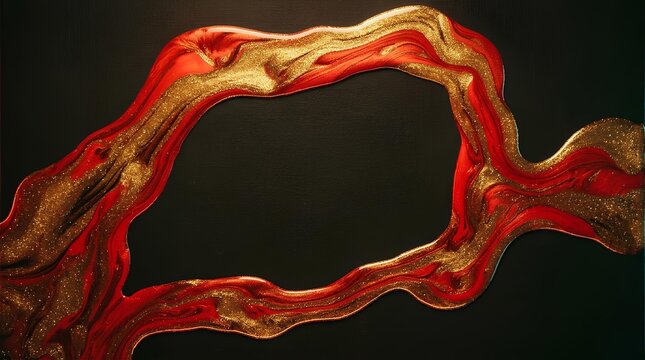 Abstract red and gold fluid art border on black background.