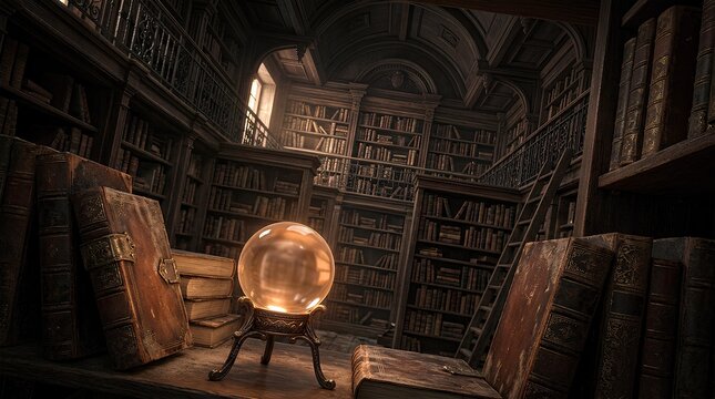 Glowing crystal ball on a pedestal inside a dark ancient library with books.
