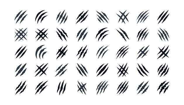 Collection of black wild animal claw scratches and monster slash marks vector illustration isolated on white background.