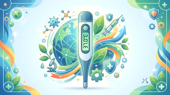 Global Healthcare and Environmental Science Illustration featuring a Digital Thermometer, Earth Globe, Medical Icons like Syringe and Microscope, and Green Leaves for Wellness Concept