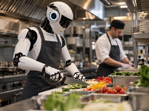 Humanoider Roboter schneidet Gem&uuml;se in einer professionellen Restaurantk&uuml;che. KI unterst&uuml;tzt K&uuml;chenarbeit, Effizienz und moderne Prozesse in der Gastronomie.