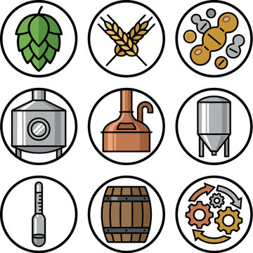Craft Beer Brewery and Production Line Icon Set with Hops, Wheat, Yeast Cells, Distillation Tanks, Hydrometer, Wooden Barrel, and Process Gears Vector Illustrations