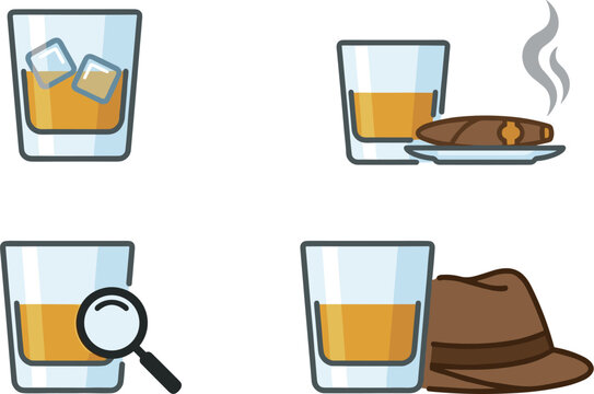 Whiskey and Gentleman Icon Set Featuring Bourbon Glasses with Ice, Smoking Cigar, Fedora Hat, and Magnifying Glass Vectors for Bar Menu Designs