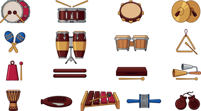 Percussion Musical Instruments Vector Icon Set Featuring Drums Congas Maracas Xylophone Cymbals and Tambourine for Orchestra Performance and Music School Graphic Designs