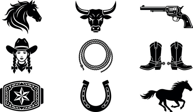 Wild West Cowboy and Cowgirl Vector Icon Set with Horse Silhouette, Longhorn Bull Head, Revolver Pistol, Lasso Rope, Boots, Horseshoe, and Belt Buckle Graphics