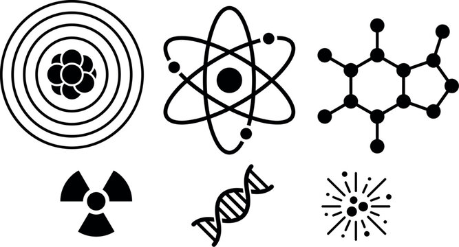 Science and Physics Icon Set Featuring Atom Structure, Molecule Chain, DNA Helix, Nuclear Radiation Symbol, and Chemical Bond Vectors for Education Designs