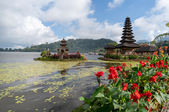 Ulun Danu Beratan Temple with Red Flowers at Lake Beratan Bali