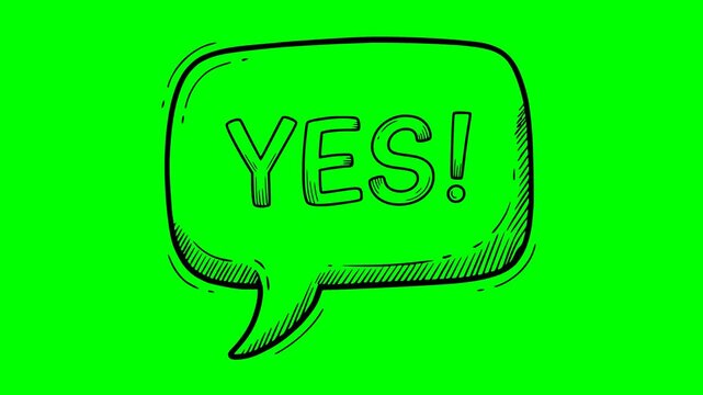hand drawn style black fill speech bubble animation with yes text on green screen chroma key background.