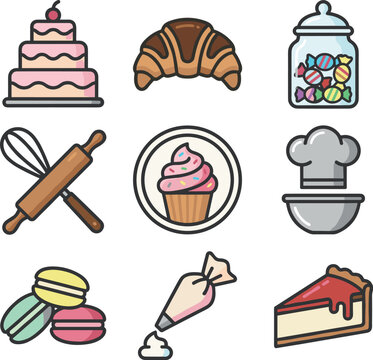 Sweet Bakery and Pastry Cooking Vector Icon Set with Cake, Croissant, Candy Jar, Rolling Pin, Cupcake, Macarons, Piping Bag, and Cheesecake Slice Illustrations