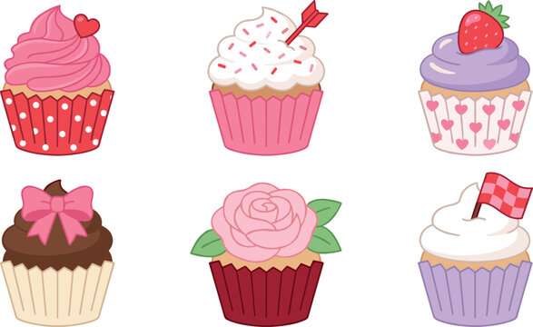 Sweet Valentine Day Cupcake Vector Icon Set with Pink Frosting, Strawberry, Chocolate Bow, Rose Flower, Hearts, and Arrow Toppers for Birthday Bakery Designs