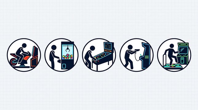 Retro arcade game icons set, vintage gaming machine pictograms, collection of 5 amusement park entertainment symbols on grid background