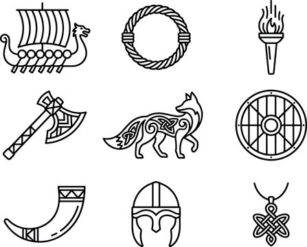 Viking and Norse Mythology Line Icon Set with Longship, Battle Axe, Celtic Fox, Shield, Helmet, Horn, Torc Ring, Torch, and Knot Necklace Vector Illustrations