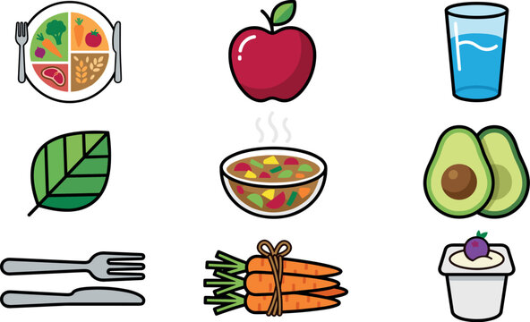 Healthy Diet and Nutrition Vector Icon Set with Food Plate, Apple, Glass of Water, Avocado, Warm Soup, Carrots, and Yogurt for Wellness Designs