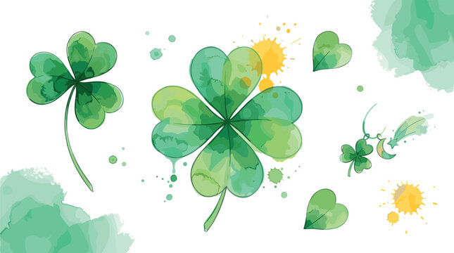 Watercolor Green Shamrock and Four Leaf Clover Vector Set with Colorful Splatters for Saint Patricks Day and Irish Celebration Designs
