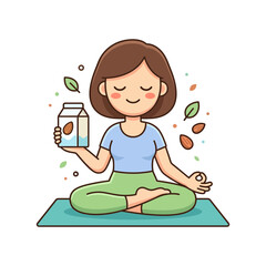 Fototapeta premium Cute Woman Meditating in Yoga Pose with Healthy Almond Milk