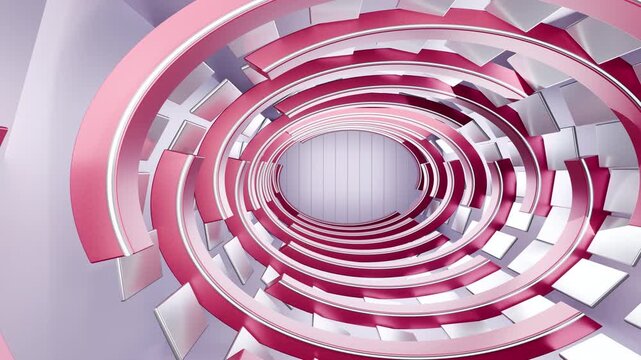 Luminous split oval passage with raspberry shells and silver tile waves
