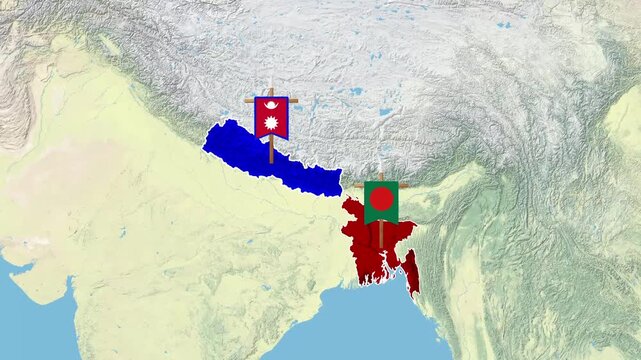 Nepal and Bangladesh digital map locations with motion flag video footage