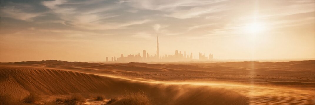 Desert dunes with a distant city skyline and towering skyscraper, featuring warm glowing sand for travel and property marketing