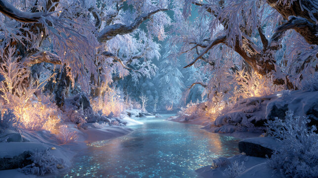 A magical winter wonderland with glowing ice crystals on trees, a sparkling frozen river, enchanted atmosphere, fantasy art style
