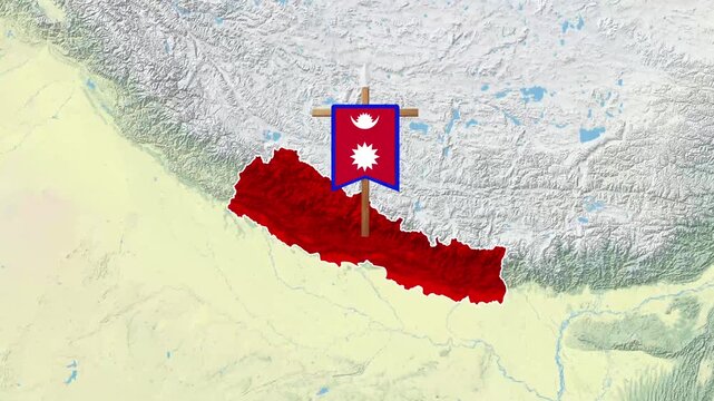 Nepal country map animation featuring national flag pole motion graphic video