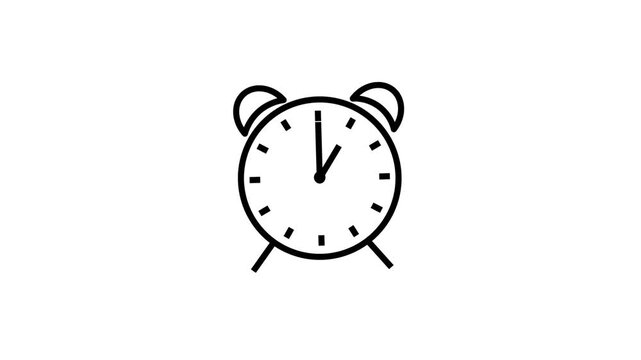 Minimal Black Line Art Alarm Clock Icon Animation on White Background.