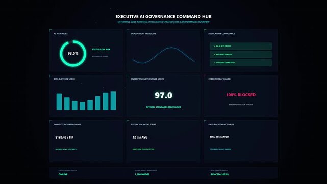 Futuristic UI loop showing a 3x3 grid executive command center monitoring enterprise AI strategy, risk scores, compliance metrics, and cyber threats on a dark background.