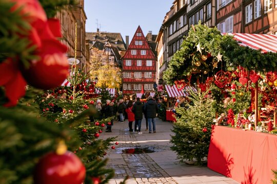 Christmas market street with traditional timber-framed houses and festive stalls, featuring wet cobbled paths for travel promotion