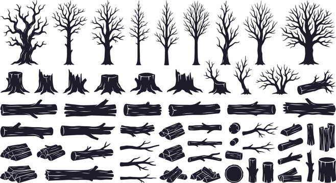 Black Tree Stump Log and Branch Silhouette Collection for Forestry
