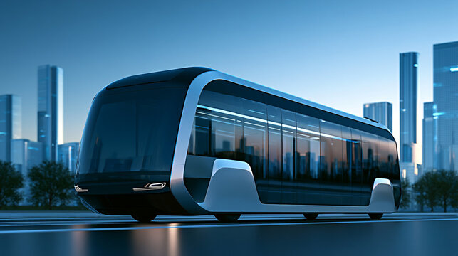 Futuristic electric bus with sleek design parked on urban street, modern skyscrapers and trees visible in the background during twilight hours