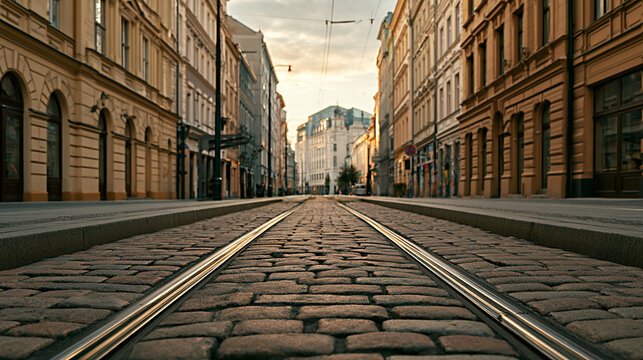 Cobblestone street with tram tracks running through historic buildings in a European city during sunset, showcasing architectural details and urban landscape