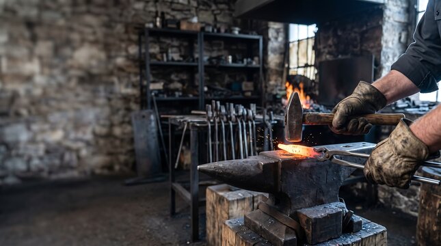 Blacksmith shaping glowing metal on an anvil with a hammer in a rustic workshop setting with tools