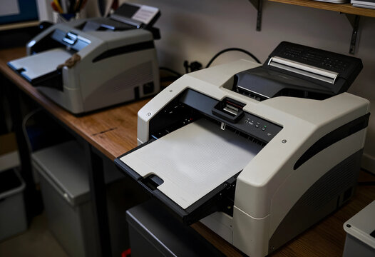 Administrative efficiency and document processing, industrial mail folding machines on a desk for high volume office automation and corporate workflow