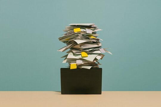 Paperwork stack rising from an open laptop on a smooth surface, with a cool pale blue background and copy space for business overload concepts