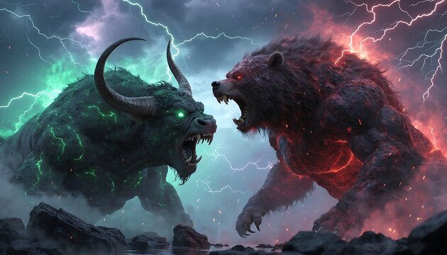 Epic battle between a green bull and a red bear amidst lightning and storm clouds