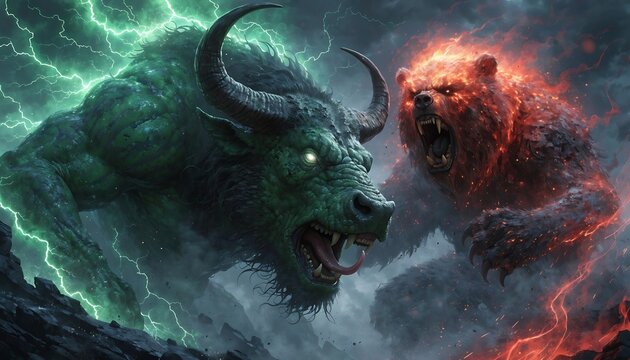 Fantasy illustration of a green bull and a fiery red bear clashing in a storm