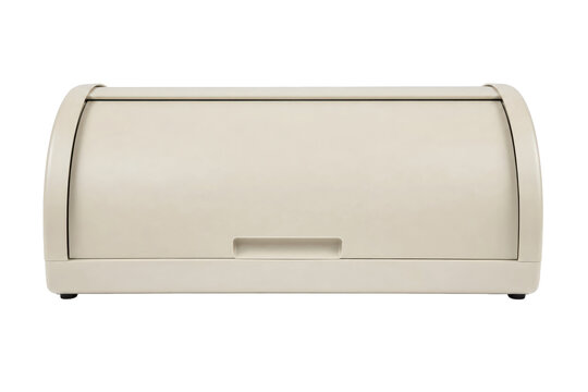 Beige plastic bread box with a roll-top lid and small handle is precisely centered on a clean white background